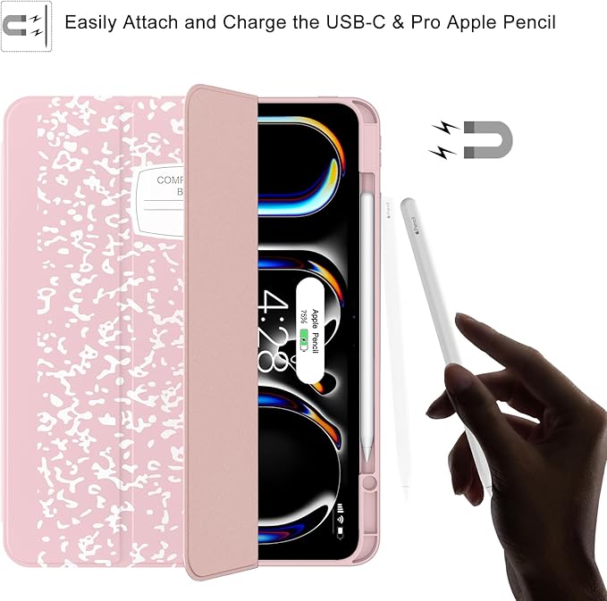 Soke Case for New iPad Pro 13 Inch (M5/M4 2025/2024 Release) with Pencil Holder Trifold Stand Shockproof [Support Apple Pencil Charging + Auto Wake/Sleep] Soft TPU Back Cover Book Pink