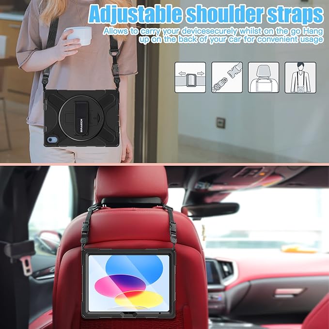 BRAECNstock for Apple iPad (A16) 11th/10th Generation Case 11/10.9 2025/2022 Shockproof Protective Case with Screen Protector Pencil Holder 360° Rotating Stand &amp Hand Strap Shoulder Strap B