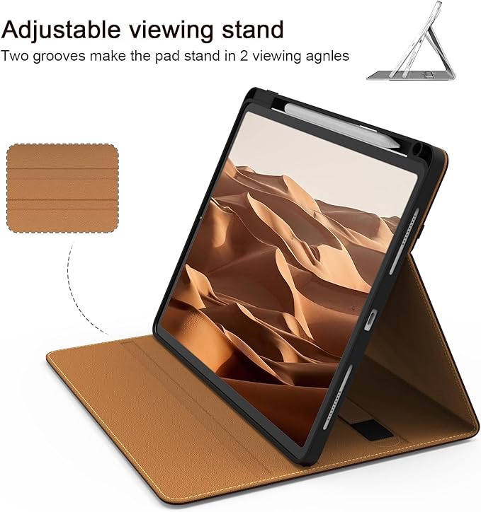 Case for iPad Pro 12.9 6th/5th/4th/3rd Generation 2022/2021/2020/2018 PU Leather 12.9 Cover with Pencil Holder/Multi-Angle Stand/Pocket Folio Auto Wake/Sleep Brown