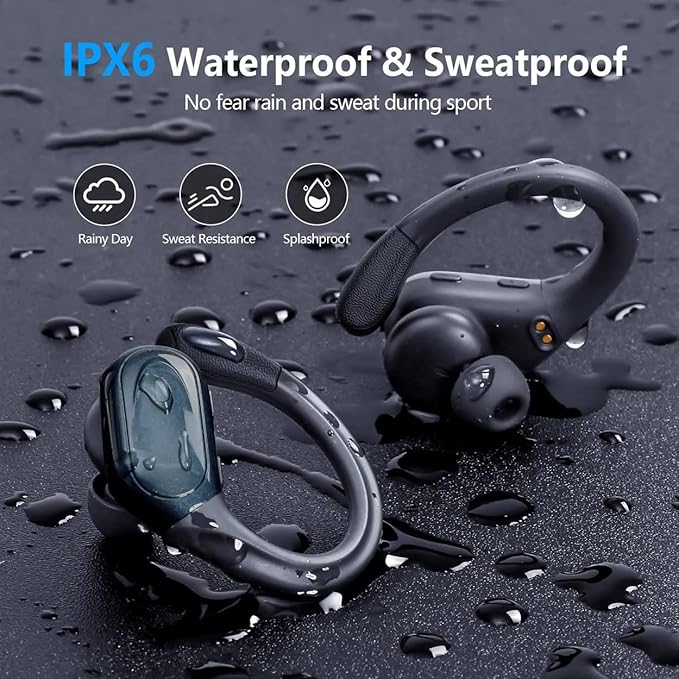 TWS BX 17 Bluetooth 5.3 Wireless Earbuds 48hour Playtime HiFi Headphones Over-Ear Headset Sports IPX7 Waterproof Built-in Microphone Digital Power LED Display Powerful Stereo Bass Earphone (Black)