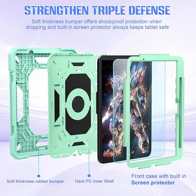 KCJ for iPad Air 11 Inch Case M3 2025 7th Generation &amp M2 2024 6th Generation with Tempered Glass Screen ProtectorRugged Protective Case with Folding Stand/Pencil Holder/Shoulder Strap (Mint Gre