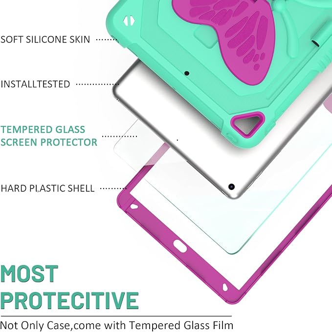 Ambison Case for iPad 9th/8th/7th Generation 10.2 inch with Glass Screen Protector Rugged Shockproof Protective Cover for Kids Girls Butterfly Stand Shoulder Strap for iPad 2021/2020/2019-Mint Green