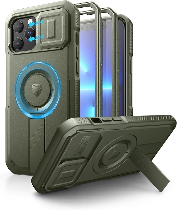 Dexnor for iPhone 13 Pro Max/12 Pro Max Case with Slide Camera Cover &amp Adjustable Kickstand &amp Built-in Screen Protector Magsafe Rugged Bumper Cases Heavy-Duty Magnetic Protective CoverArmy G