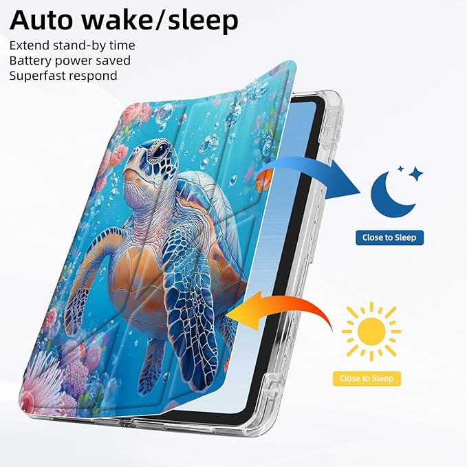 for iPad mini 7 A17 Pro 2024/iPad Mini 6 2021 Case with Pencil HolderFoldable Y-Shaped CoverStylish Clear Multi-Angle Viewing&ampAuto Sleep/Wake Coral Turtle Tablet Case