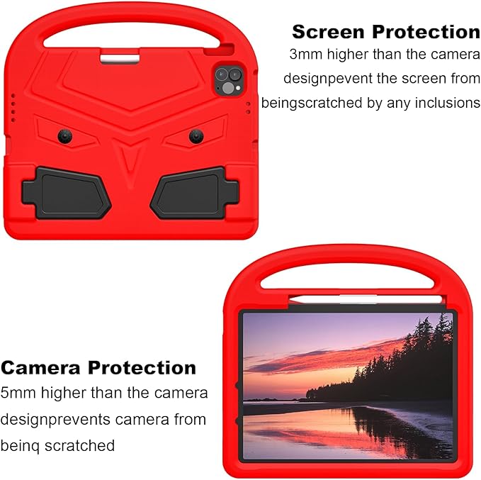 Kids Case for Apple iPad Air 11 inch M3/M2 &amp iPad Pro 11 inch M5/M4 (2025/2024) with Pencil Holder/Handle/Kickstand Lightweight Soft EVA Foam Shockproof Stand Girls Boys Cover Red Bird