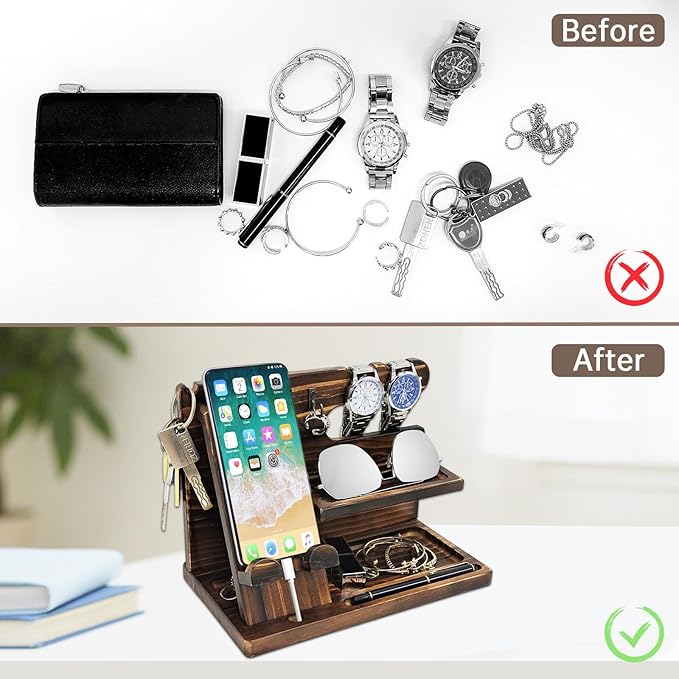 Nightstand Organizer with Phone Docking Station and Desk Organizer - Brown Wooden Gift for Men and Dad