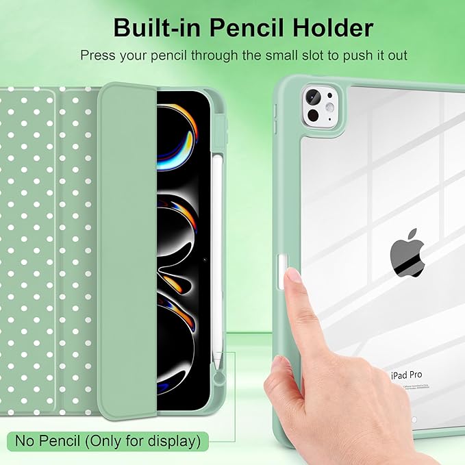 Case for iPad Pro 11 Inch (M5 2025 M4 2024) – [Built-in Pencil Holder] Shockproof &amp Stylish Clear Hard Back + Soft TPU Edge Magnetic Trifold Stand Auto Wake/Sleep Green White dot