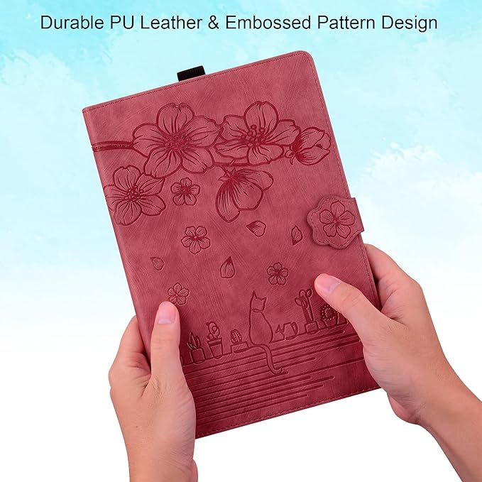 Case for Samsung Galaxy Tab S10 FE+/S10 FE Plus 13.1 Inch 2025 (SM-X620/SM-X626B) with Pencil Holder/Pockets Folio Stand Embossed Cherry Blossom PU Leather Magnetic Wallet Cover Wine Red Cat