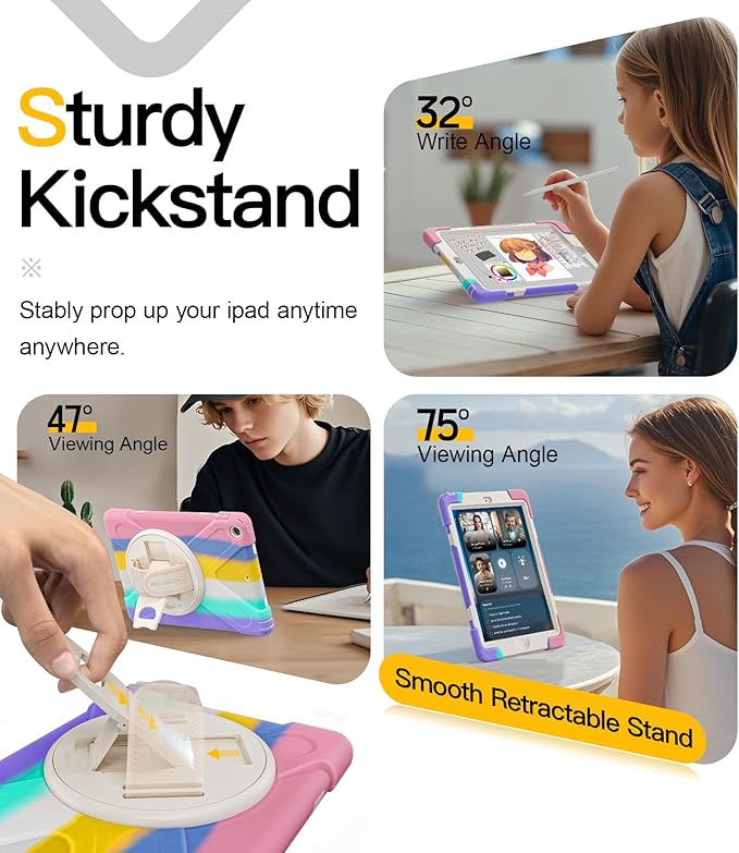 BRAECN Kids Case for iPad 6th/5th Generation 9.7 inch 2018/2017 Rugged Heavy Duty Shockproof Cover for iPad 6th/5th Gen 360° Rotating Kickstand &amp Soft Hand Strap &amp Shoulder Strap Light Rain