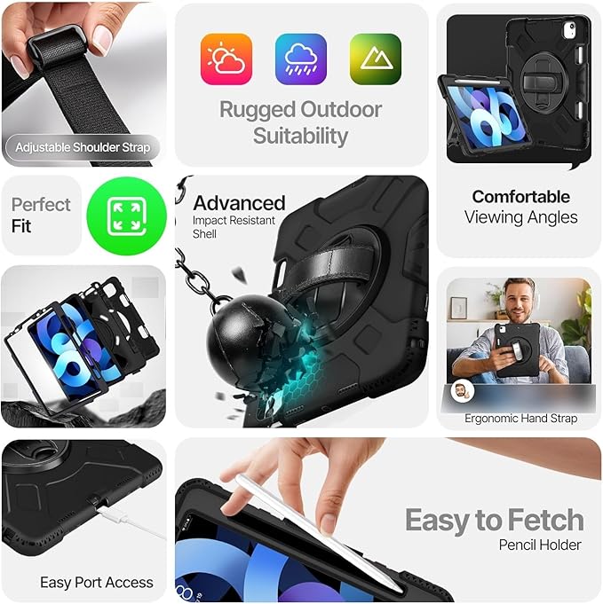 TNP Protective Case for iPad Air 6th M2 2024 11 Inch 5th 4th Gen 10.9 inch and iPad Pro 4th 3rd 2nd Generation (2022 2021 2020 2018) w/Pencil Holder Handle Stand &amp Shoulder Strap Black