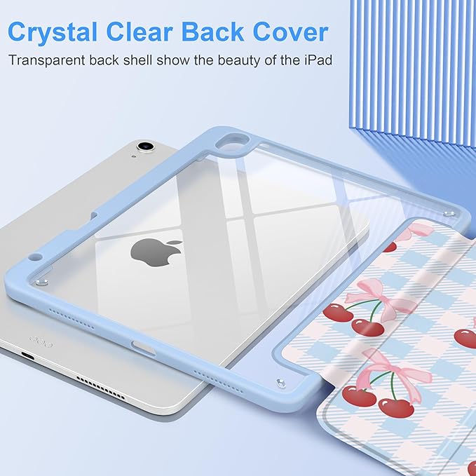 DONGKE Case for iPad Air 11-inch M4 2026 &amp M3 2025 &amp M2 2024 iPad Air 5th/4th Generation 10.9 2022/2020 [Built-in Pencil Holder] Clear Acrylic Back Trifold Stand Smart Cover Blue Cherry