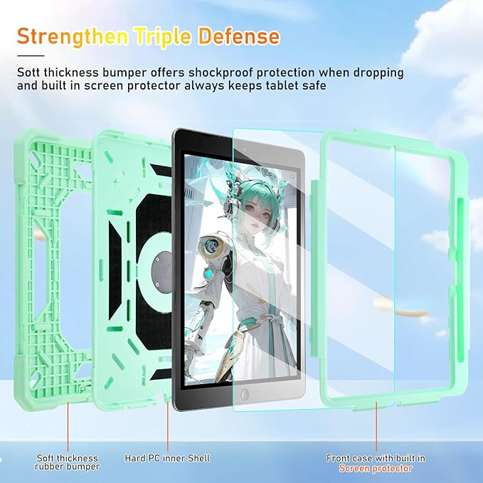 KCJ for iPad Pro 11 Case (M4) 2024with Tempered Glass Screen ProtectorCute Protective Case with Folding Stand/Pencil Holder/Shoulder Strap for iPad Pro 11 2024 (5th Generation) (Mint Green)