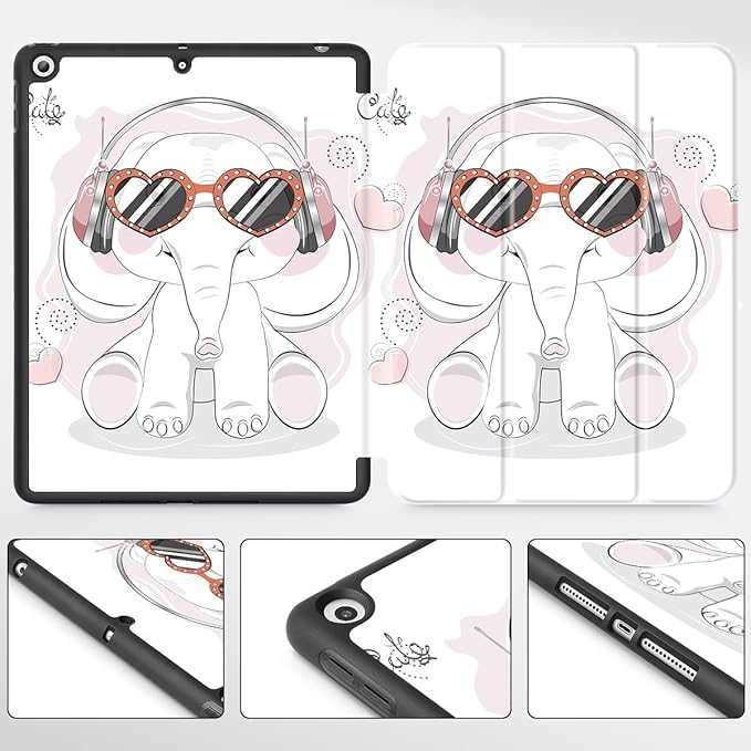Tuiklol Case for iPad 10.2 Inch 2021 2020 2018 Release 9th / 8th / 7th Generation Built-in Pencil Holder TPU Protective Stand Back Cover Trifold Stand-Auto Wake/Sleep Lovely Elephant