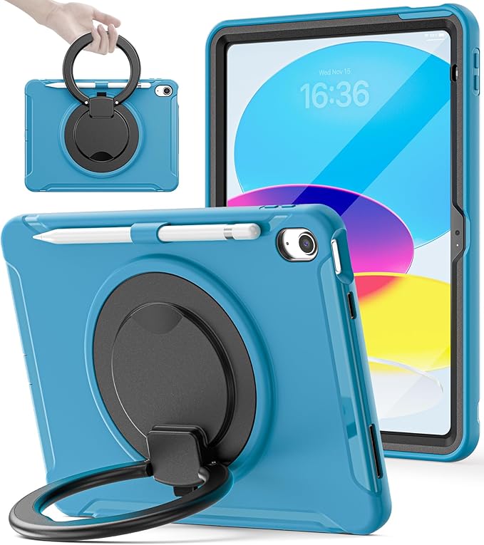 BATYUE Shockproof Case for iPad 10th Gen 10.9 2022 / 11th Gen (A16) 11 2025 | 360° Multi-Angle Stand (Portrait &amp Landscape) &amp Grip Built-in Screen Protector Pencil Holder Lake Blue