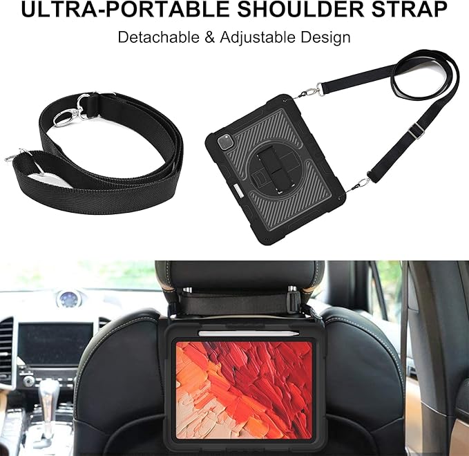 Shockproof Case for iPad Pro 11-inch M5/M4 (2025/2024) Cover with Hand/Shoulder Strap Techcircle Heavy Duty Rotating Kickstand Rugged Defender Protective Case with Pencil Holder Black
