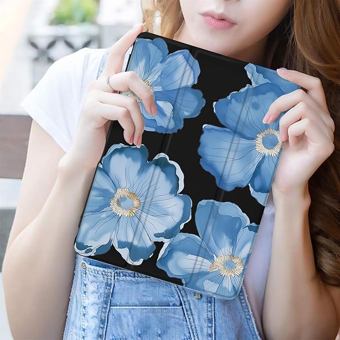 JOYLAND for iPad Air 5th/4th Generation 10.9 Inch 2022/2020 with Pencil Holder-Auto Wake/SleepBlue Floral Pattern Anti-Scratch Shockproof Premium Folio Stand CaseBlack