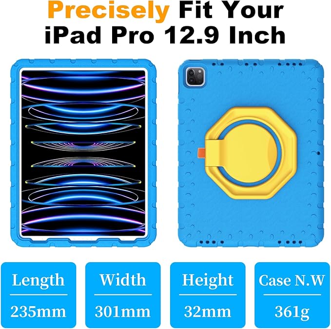 for iPad Pro 12.9 Case 6th/5th/4th/3rd Generation with 360° Rotating Stand &amp Pencil Holder Heavy Duty Cute Cover for iPad Pro 12.9 inch 2022/2021/2020/2018 Blue