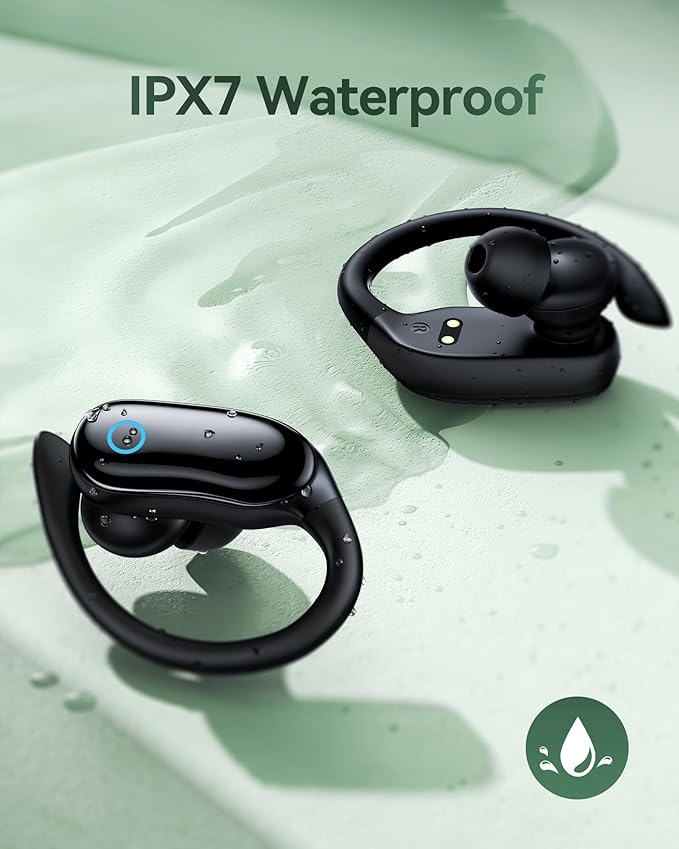 GNMN Active Noise Cancelling Ear Buds Wireless Earbuds 96hrs Playback Bluetooth Headphones Dual Battery Display Stereo Bass Earphones with Earhooks Microphone IPX7 Waterproof for Sports/Workout
