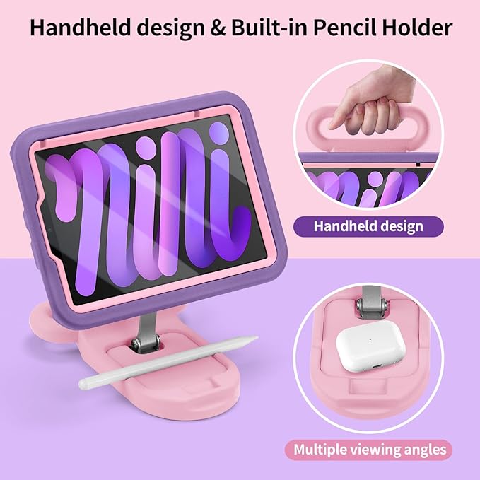 Kids Case for iPad mini 7 (A17 Pro) 2024 /iPad Mini6 2021Adjustable Portrait/Landscape Stand//Drop Proof with Handle/KickstandChild Friendly Case for iPad mini 7th/6th Gen 8.3inch (PurplePink)