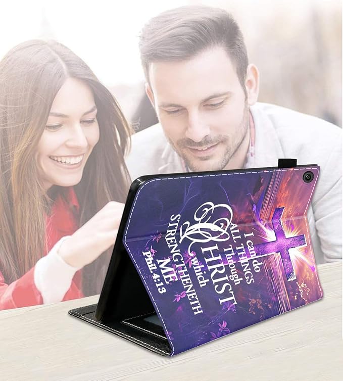 Case for Amazon Kindle Fire 7 Tablet (7 9th/7th Generation 2019/2017 Release) Slim PU Leather Cover with Card Slot &amp Auto Wake/Sleep Cross Quote Bible Verses Phil 4-13