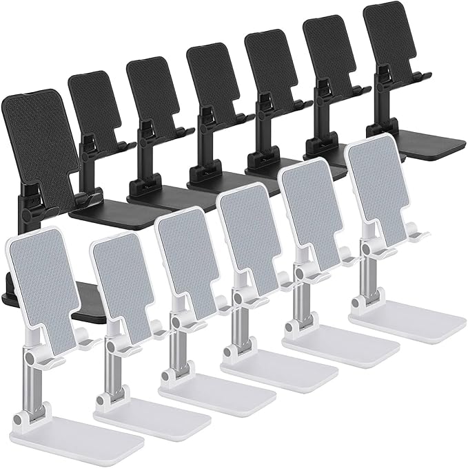 12 Pcs Cell Phone Stand Desk Table Adjustable Angle Height Phone Stand Foldable Portable Mobile Holder Silicone Pad Smartphone Tablet Holder Bulk for Office Travel Filming (WhiteBlack)