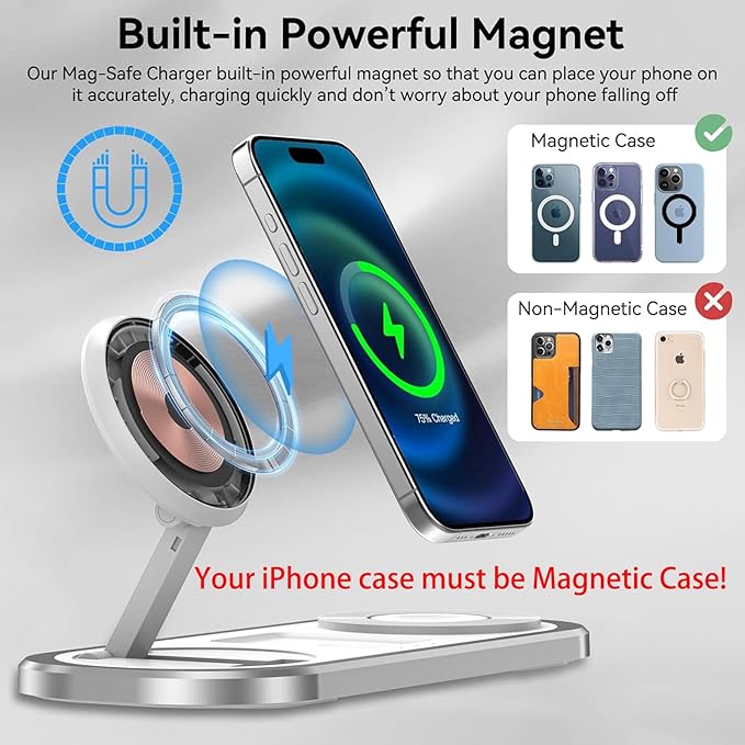 3 in 1 Fast Wireless Charger Stand for iPhone Foldable Travel Charging Station for Magsafe for iPhone 17/Air/16/15/14/13/12 Series Apple Watch Series AirPods pro/2/3/4 Gifts for Women Men (Silver)