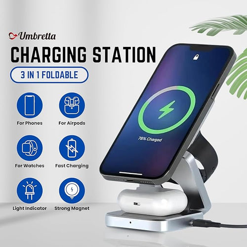 2025 New 3 in 1 Fast Magnetic Foldable Wireless Charger Aluminum Charging Stand Dock iPhone 12/13/14/15/16/17 Mini Pro Max/Airpods 23 Pro/Pro 2 &amp Smart Watches Ultra/SE/10/9/8/7/6/5/4/3/2/SE (Bla