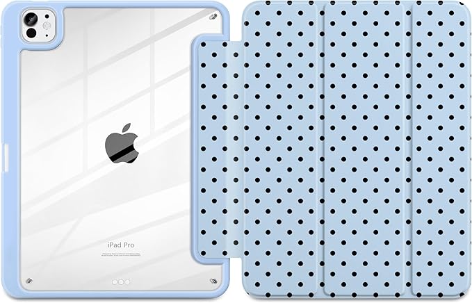 Case for iPad Pro 11 Inch (M5 2025 M4 2024) – [Built-in Pencil Holder] Shockproof &amp Stylish Clear Hard Back + Soft TPU Edge Magnetic Trifold Stand Auto Wake/Sleep Blue Polka dot