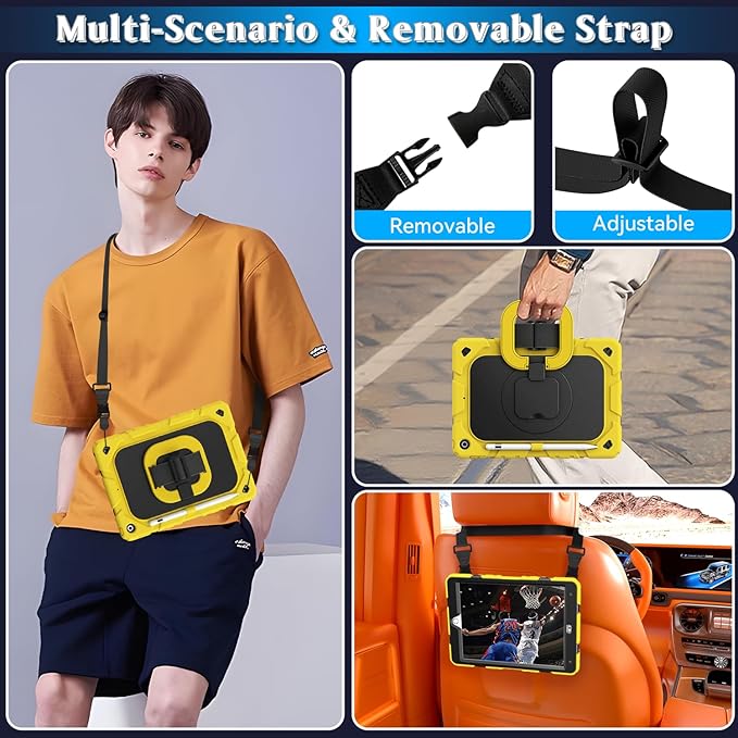 Grifobes for iPad 9th/8th/7th Generation Case for iPad 10.2 Inch 2021/2020/2019 Case Cover with Screen Protector 360°Rotate Stand Hand &amp Shoulder Strap Pencil Holder for Kids Yellow Black