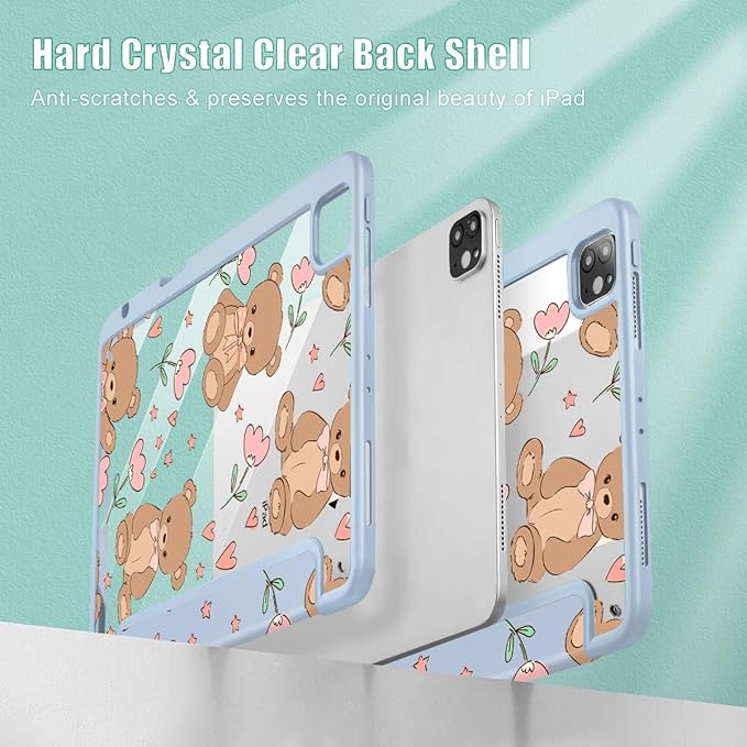 May Chen for iPad Pro 11 inch M2 4th Generation 2022 iPad Pro 11 3rd/2nd/1st Gen Built-in Pencil Holder with Shockproof Cover Clear Transparent Back Shell Auto Wake/Sleep Cute Teddy Bear