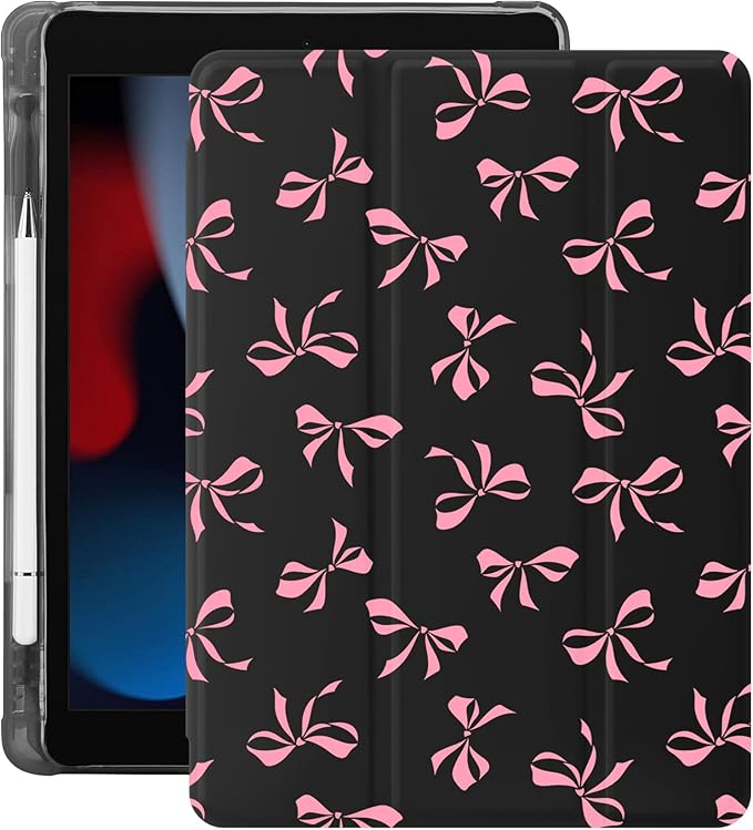 Idocolors Cute Pink Bow Case for 10.2 iPad 7th/8th/9th Generation Tri-Fold Tablet Case with Auto Wake/Sleep &amp Pencil Holder - Vibrant Protective Cover for Women Girls and Teens (Black)