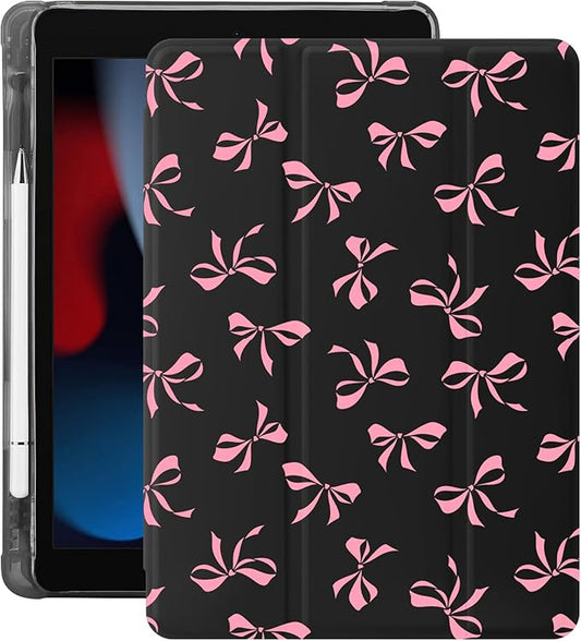Idocolors Cute Pink Bow Case for 10.2 iPad 7th/8th/9th Generation Tri-Fold Tablet Case with Auto Wake/Sleep &amp Pencil Holder - Vibrant Protective Cover for Women Girls and Teens (Black)