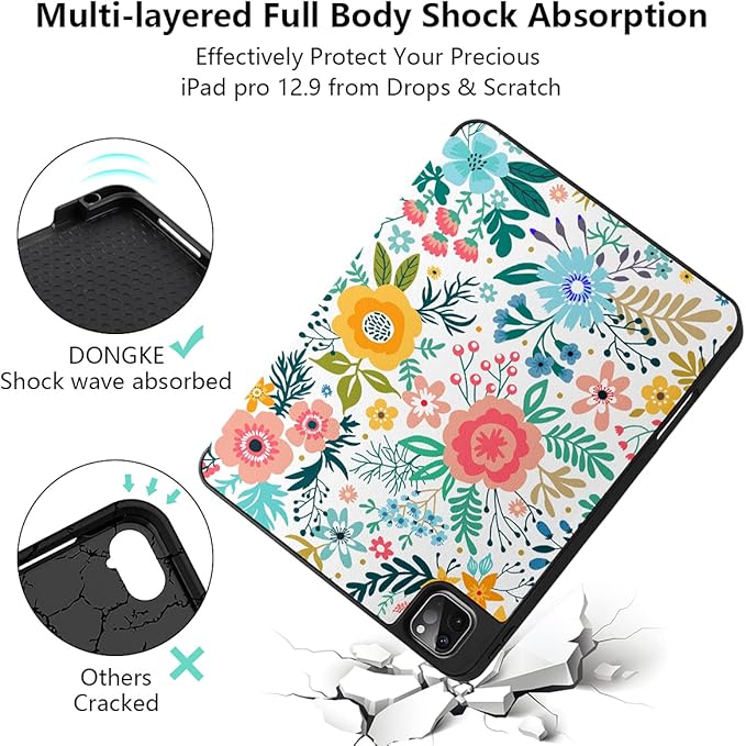 DONGKE Case for iPad Pro 12.9 inch 6th Generation 2022 Built-in Pencil Holder + Trifold Stand + Auto Wake/Sleep + Protective Cover for iPad Pro 12.9 5th/4th/3rd Gen - Flower