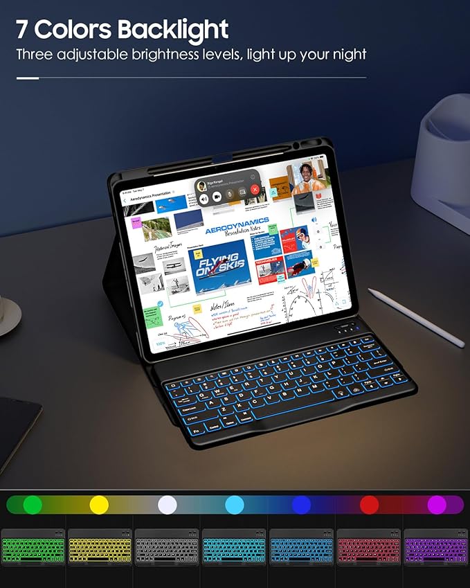 MoKo Keyboard Case for iPad Air 13-inch (2026/2025/2024) &amp iPad Pro 12.9 (2022-2018) 7-Color Backlit Detachable Bluetooth Keyboard with Pencil Holder Multi-Angle Stand Black