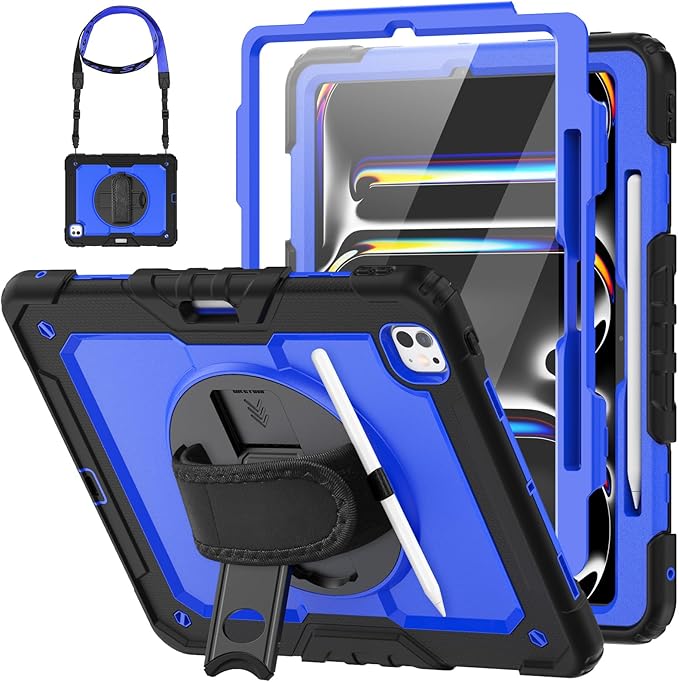 HXCASEAC for iPad Pro 13 Inch Case (M5/M4) 2025/2024 Shockproof Design with Pencil Holder Protector Rotating Stand Hand Strap Heavy Duty Protective iPad Pro13 Cover A3360 A3361 A2925 A2926 Blue