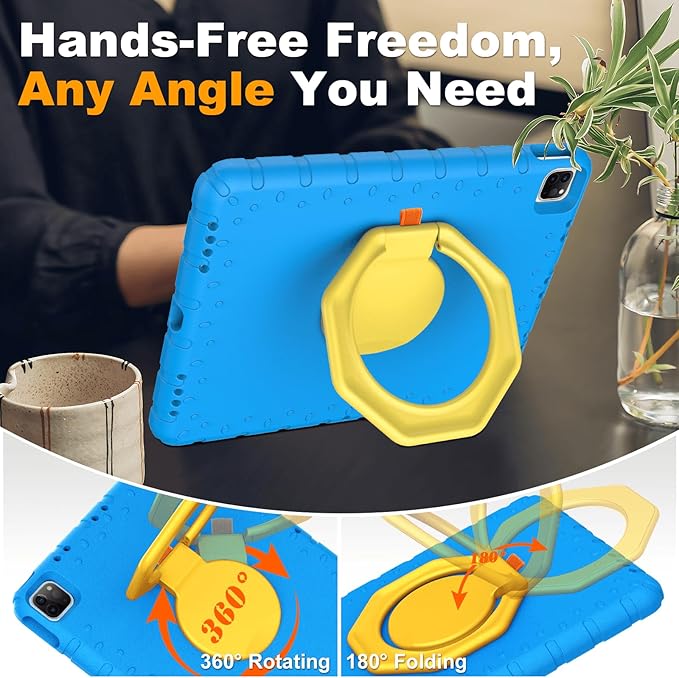 for iPad Pro 12.9 Case 6th/5th/4th/3rd Generation with 360° Rotating Stand &amp Pencil Holder Heavy Duty Cute Cover for iPad Pro 12.9 inch 2022/2021/2020/2018 Blue