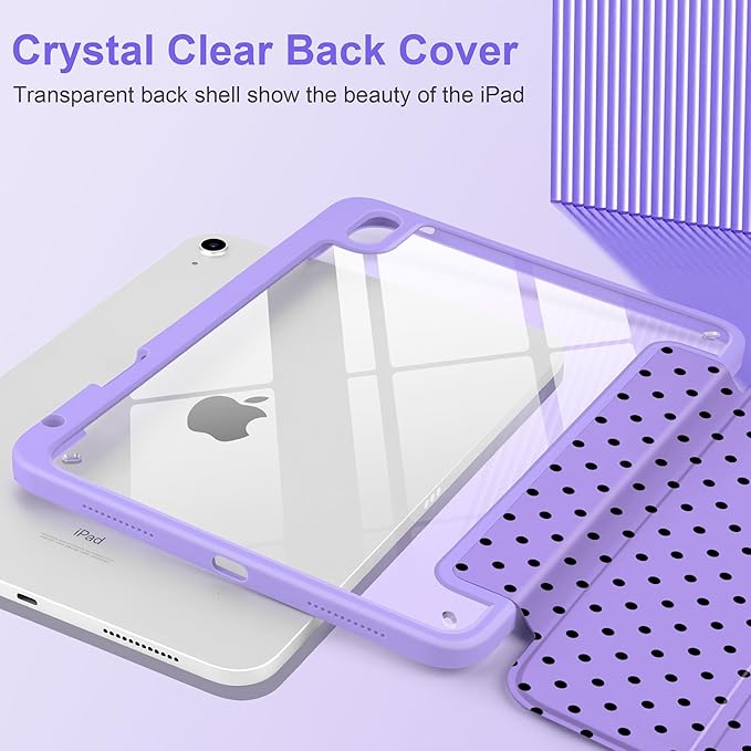 Case for iPad A16 11th Generation 11 inch 2025 iPad 10th Generation 10.9 inch 2022 -[Built-in Pencil Holder] Shockproof Clear Hard Back Trifold Stand Auto Wake/Sleep Purple Polka dot