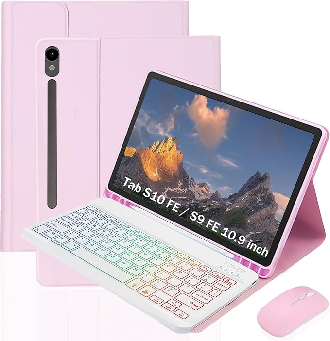 Backlit Keyboard Case for Samsung Galaxy Tab S10 Lite/ S10 FE/ S9 FE 10.9-11 Inch 3 Color Backlit Detachable Keyboard with S Pen Holder and Mouse
