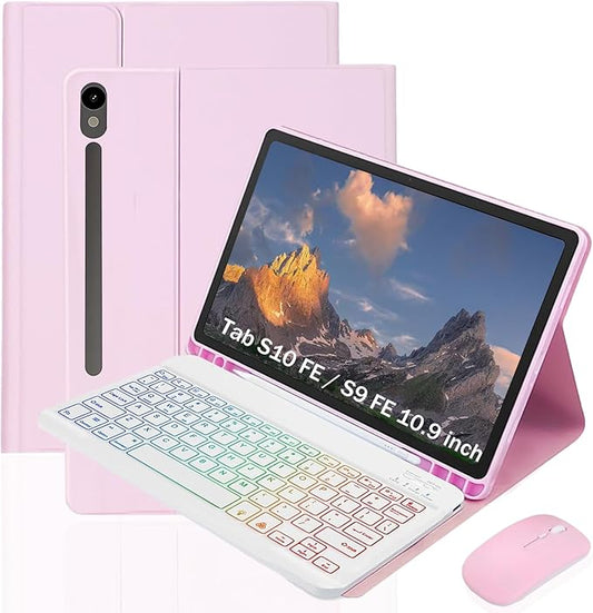Backlit Keyboard Case for Samsung Galaxy Tab S10 Lite/ S10 FE/ S9 FE 10.9-11 Inch 3 Color Backlit Detachable Keyboard with S Pen Holder and Mouse