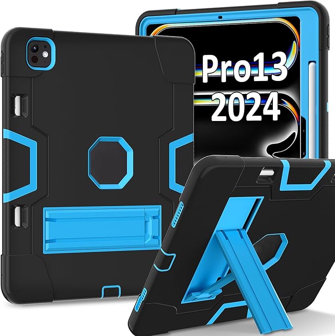 Tablet Case for iPad Pro 13 Inch M4 (2024 Model 7th Generation) with Kickstand Heavy Duty Hard PC Soft Silicone Accessories Protective Case for iPad Pro 13” A2925 A2926 A3007Black/Blue
