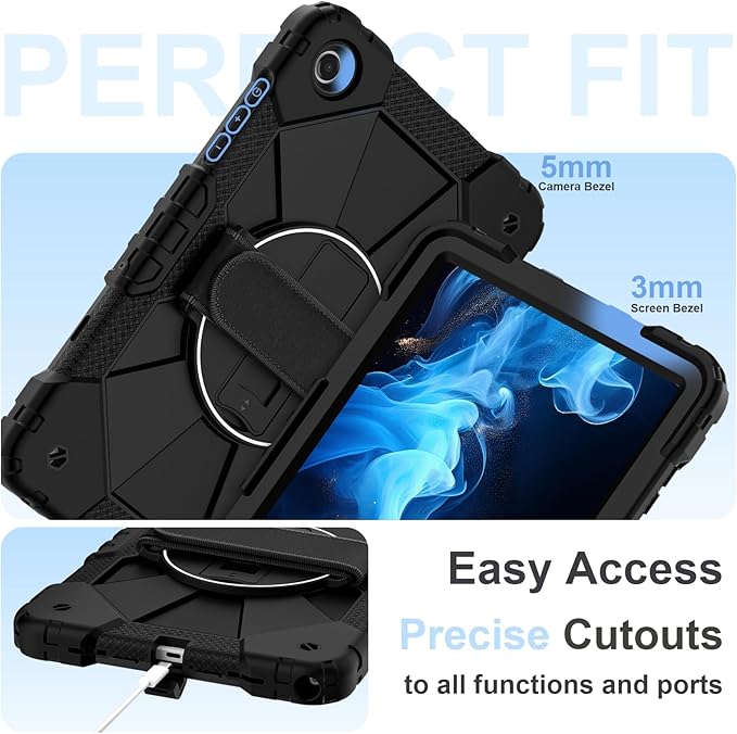 for Samsung Galaxy Tab A11 Plus/A11+ Case 2025 11 Inch Galaxy Tab A9+ Case 2023 Rugged Samsung A11+ Tablet Cover with 360 Rotating Stand Hand Strap Shoulder Strap Screen Protector Black