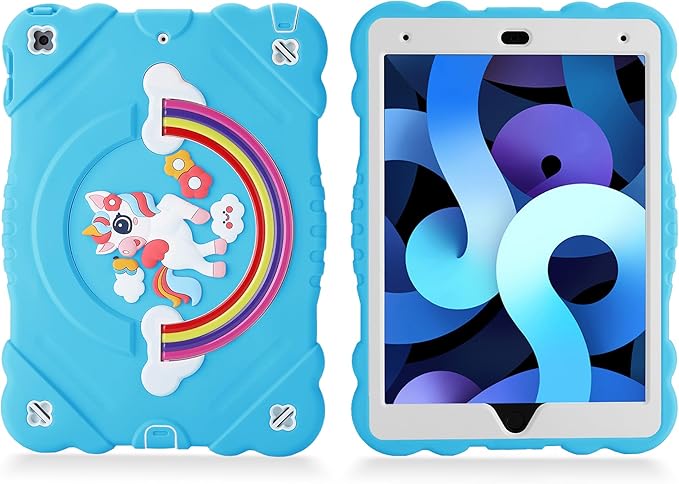 XZC Case for iPad 9th/8th/7th Generation 2021/2020/2019(10.2 inch) Unicorn Cute Cover Heavy Duty Shockproof Protective Case with Built-in Stand Strap for Kids Girls Women (Light Blue)