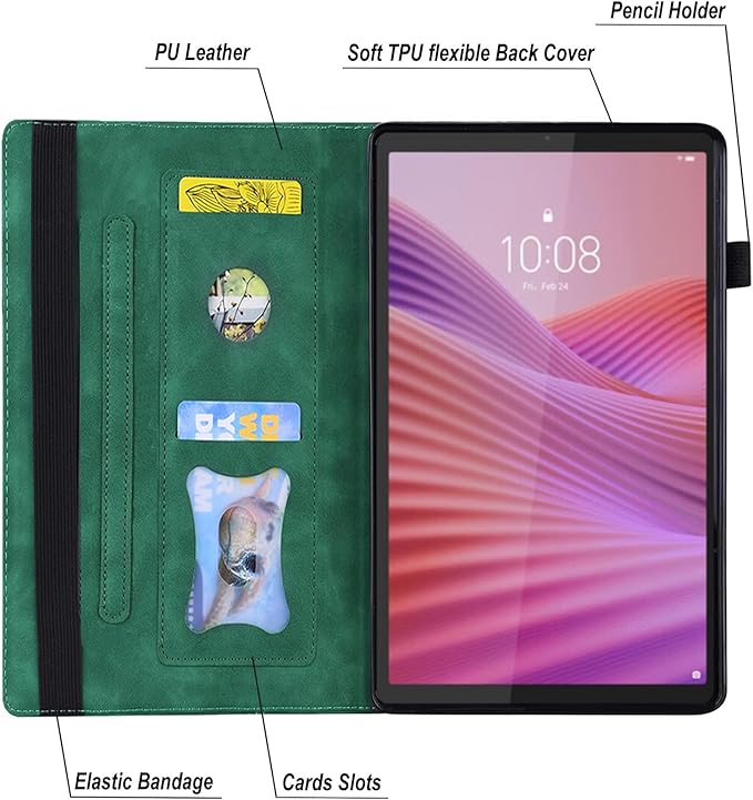 Shockproof Case for Lenovo Tab One 8.7 inch 2025 Model - Retro PU Leather + TPU Hybrid Protective Cover with Anti-Slip Grip Strap &amp Card Slots -Green