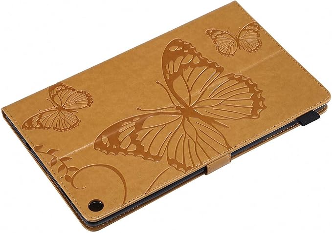 Wallet Case for Fire HD 10 (9th/7th/5th Generation 2019/2017/2015) Techcircle Butterflies Embossed Stand Folding Cover with Card/Cash Holder for Amazon Fire HD 10.1 Tablet Auto Sleep/Wake Ochre