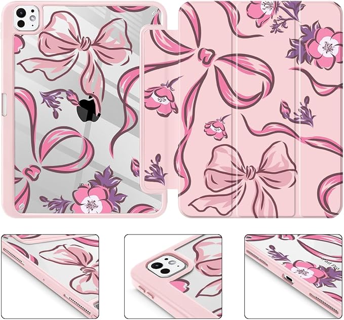 Mektron Case for M5/ M4 iPad Pro 11 inch 2025/2024 with Pencil Holder Compatible Models: A3357/A3358/A3359/A2836/A2837/A3006 Shockproof Cover Clear Shell Flowers-Bows-Pink
