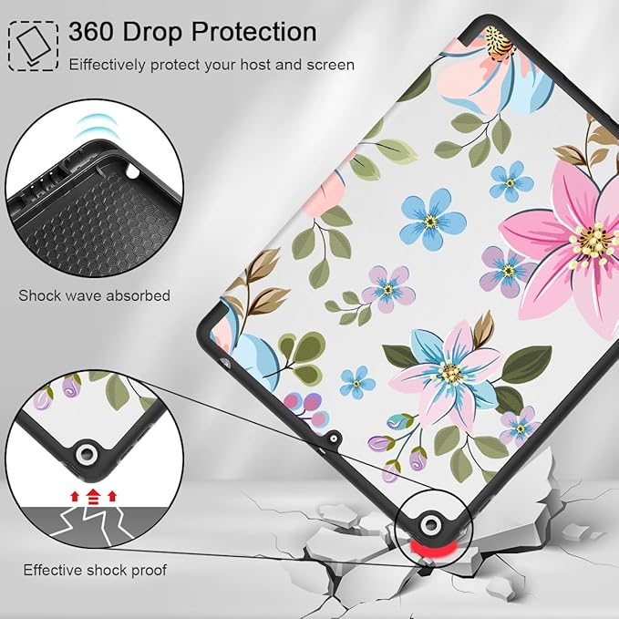 Tuiklol Case for iPad 10.2 Inch 2021 2020 2018 Release 9th / 8th / 7th Generation Built-in Pencil Holder TPU Protective Stand Back Cover Trifold Stand-Auto Wake/Sleep Tones Flowers