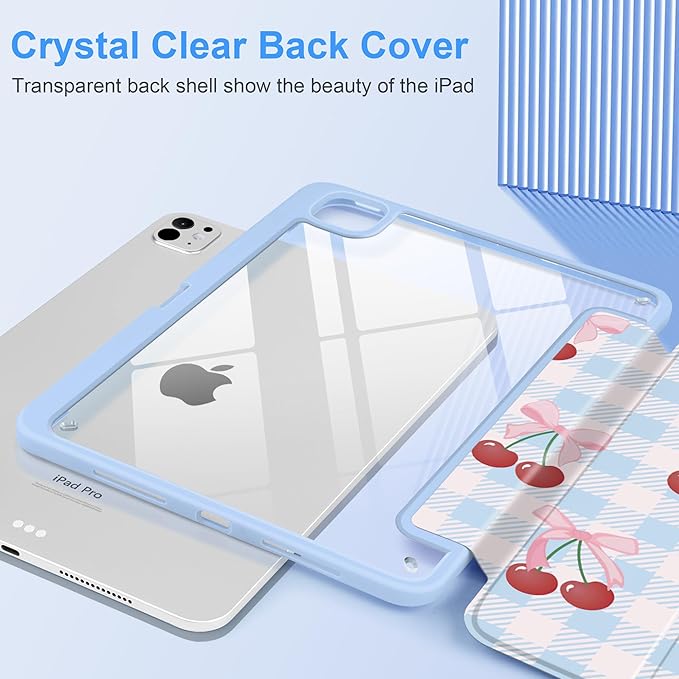 DONGKE for iPad Pro 11-Inch Case (M5 2025 / M4 2024) 6th/5th Generation [Auto Sleep/Wake &amp Pencil Pro Holder] Clear Acrylic Back Smart Trifold Stand Cover Blue Cherry