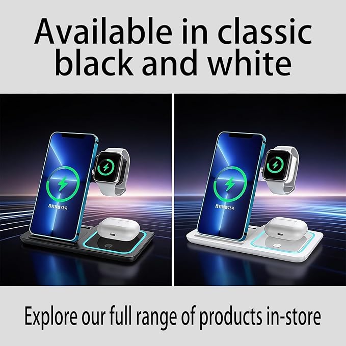 3-in-1 Foldable Wireless Charger with Night Light - 15W Fast Wireless Charger for Simultaneous Charging of Phone Watch &amp Earbuds Compatible with All Qi-Certified DevicesX455 Black.