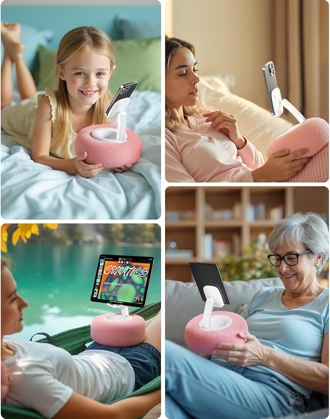 Phone Stand with Pillow Adjustable iPhone Stand with Anti-Slip Strips Fuzzy Tablet Holder– Compatible with 4-7 Devices Including iPhone iPad Kindle and Android (Pink)