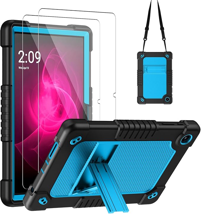 for Tmobile Revvl Tab 2 Tablet Case with 2 Pcs Screen ProtectorShockproof Kids Protective Case with Shoulder Strap Kickstand Cover for Tmobile Revvl Tab 2 Tablet 10.1 inch (Black/Blue)